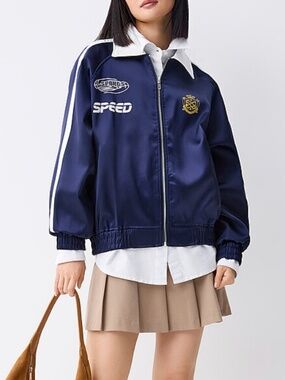 Charming bunny navy blue emblems track moto satin jacket NWT